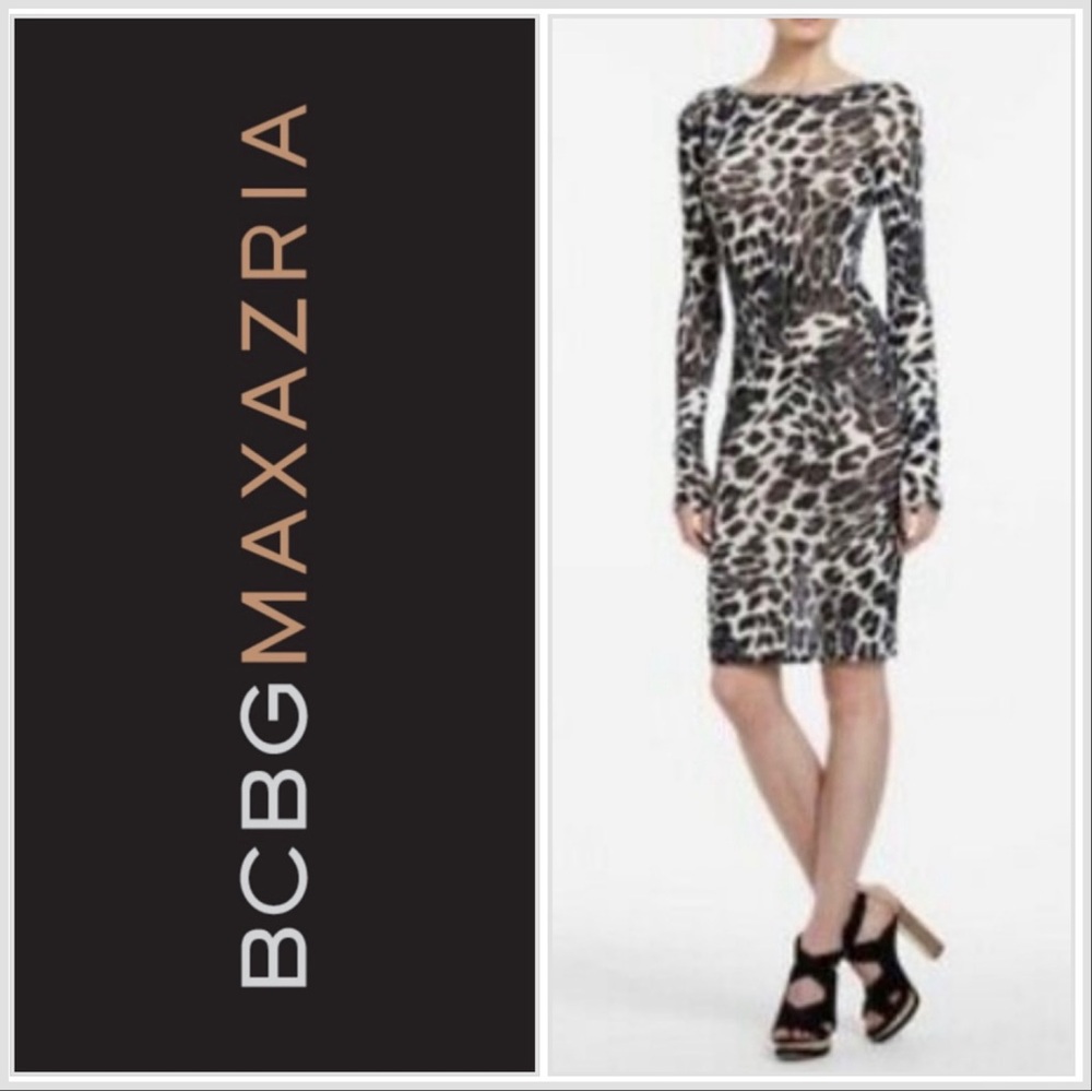 BCBG MaxAzria Women's Felicia Gray Leopard Print Bodycon Long Sleeve Dress XXS